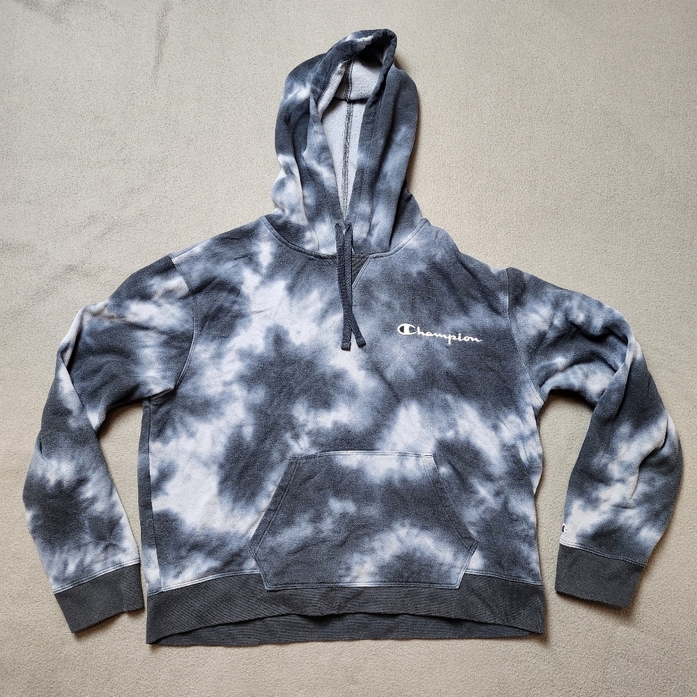 CHAMPION / XL / Women's Cotton Blend Cropped Hoodie Sweater - Black Grey Tie Dye